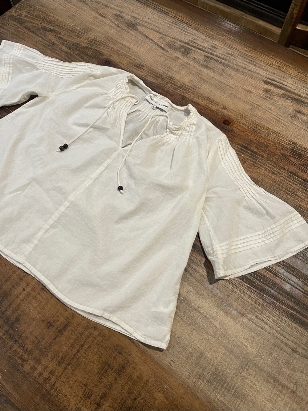 Madewell Cream Pintuck Tie-Neck Blouse